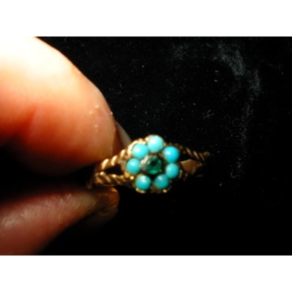 ANTIQUE VICTORIAN 14K TURQUOISE EMERALD FORGET ME NOT RING